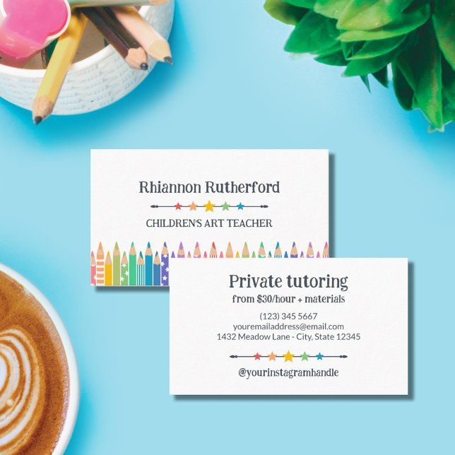 Fun Coloured Pencils & Stars Art Teacher Tutor Business Card (Creator Uploaded)