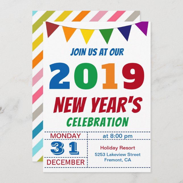 Fun Colourful 2019 New Year's Eve Party Invitation (Front/Back)