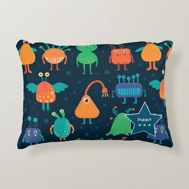 Fun Colourful Alien Pattern for Kids on Blue Decorative Cushion (Front)