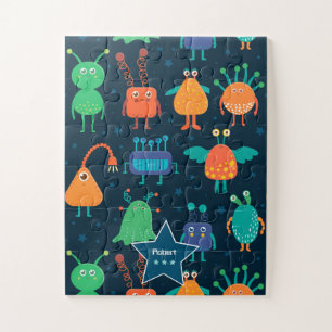 Fun Colourful Alien Pattern for Kids on Blue Jigsaw Puzzle