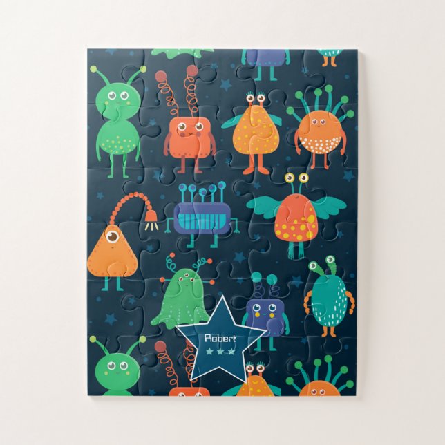 Fun Colourful Alien Pattern for Kids on Blue Jigsaw Puzzle (Vertical)