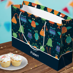 Fun Colourful Alien Pattern for Kids on Blue Party Large Gift Bag