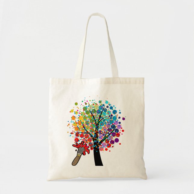 Fun Colourful Art Lover Coloured Tree Drawing Pain Tote Bag (Front)