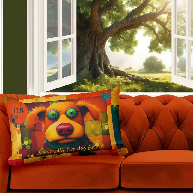 Fun Colourful Artistic Dog Lumbar Cushion (Pillow featuring a colorful design with a dog and your own funny texts - nice for a child birthday)