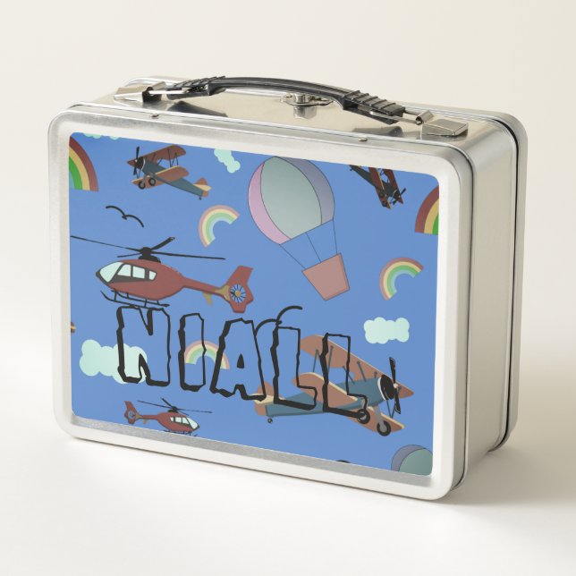 Fun Colourful Aviation Personalised Metal Lunch Box (Back)