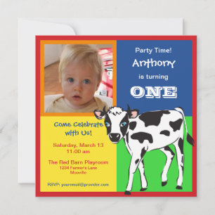 Fun Colourful Baby Cow Photo Invitation