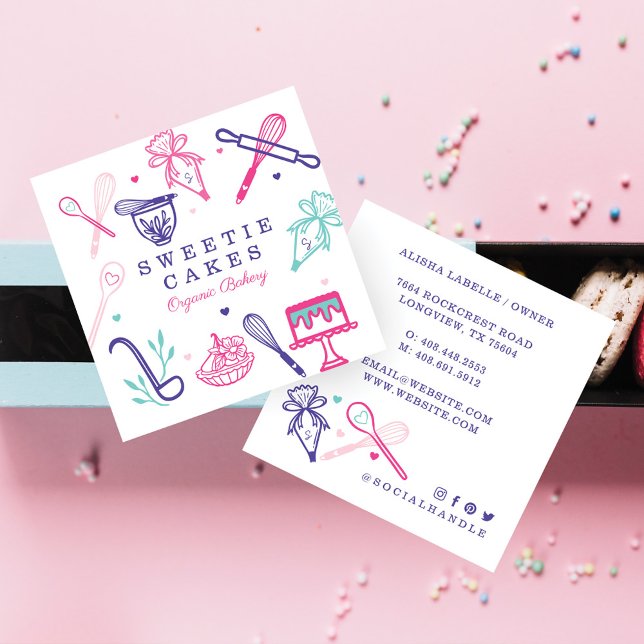 Fun Colourful Baking & Cooking Utensil White Square Business Card (Creator Uploaded)