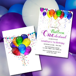 Fun Colourful Balloon Wonderland 1st Birthday  Invitation