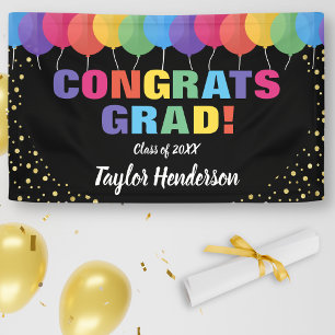 Fun Colourful Balloons Gold Confetti Graduation Banner