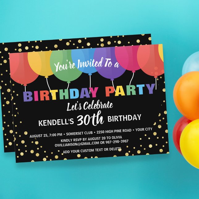 Fun Colourful Balloons Gold Glitter Birthday Party Invitation (Creator Uploaded)