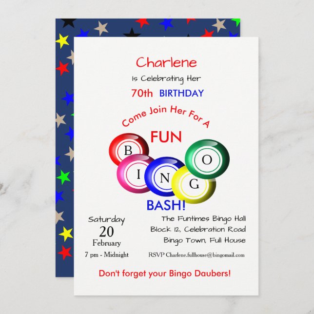 Fun Colourful Bingo Bash Theme Party Invite (Front/Back)