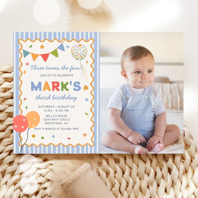 Fun Colourful Boy 3rd Birthday Photo Invitation (Creator Uploaded)