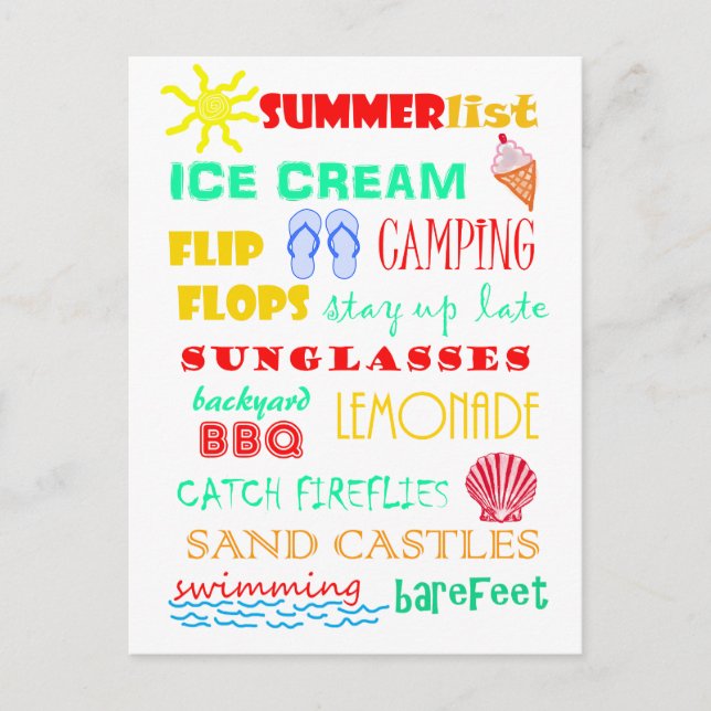 Fun Colourful Bright Summer List Postcard (Front)