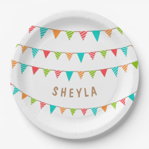 Fun Colourful Bunting Flags Name Birthday Party Paper Plate