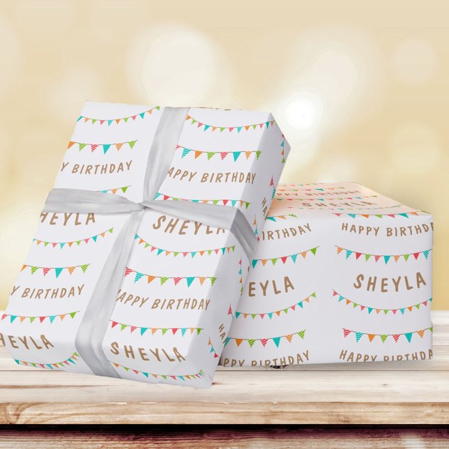 Fun Colourful Bunting Flags Name Happy Birthday Wrapping Paper (Creator Uploaded)