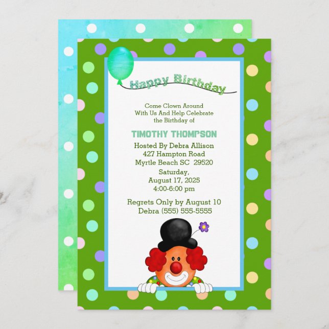 Fun Colourful Clown Birthday Party Invitation (Front/Back)