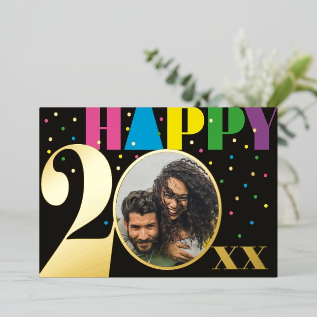 Fun Colourful Confetti Happy 20xx 5 x 7 Photo  Foil Holiday Card (Standing Front)