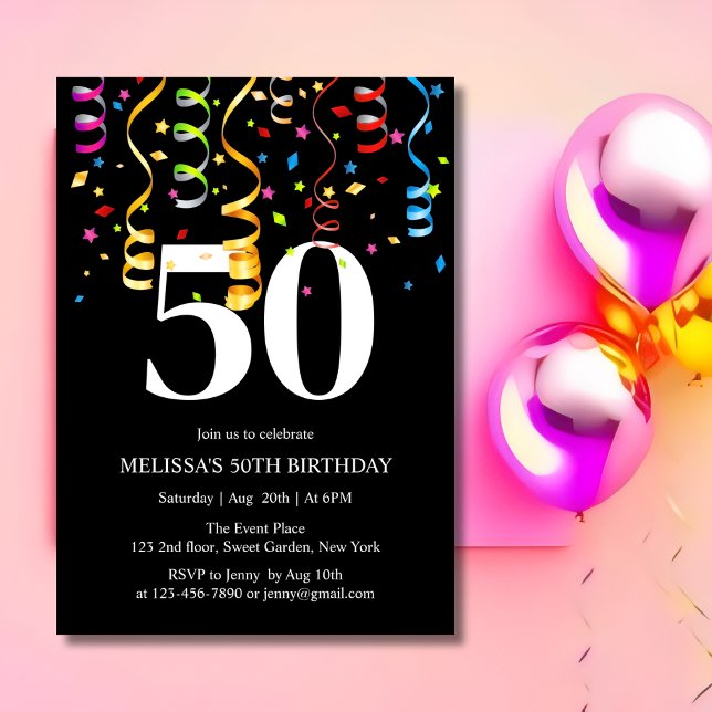 Fun Colourful Confetti Ribbon Black 50 Birthday  Invitation (Creator Uploaded)