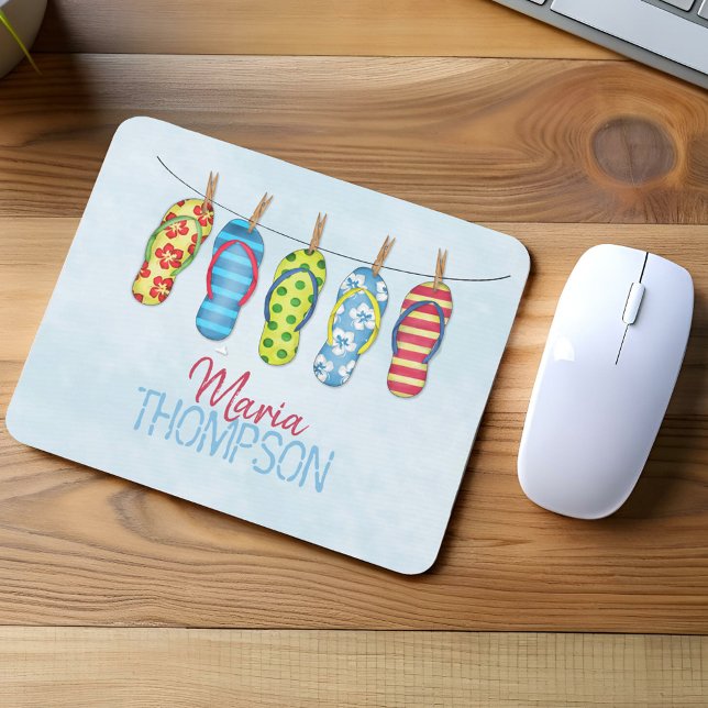 Fun Colourful Cute Tropical Flip Flops  Mouse Pad (Colorful flip flops hanging on clothesline personalized name beach themed mouse pad desk accessory.)