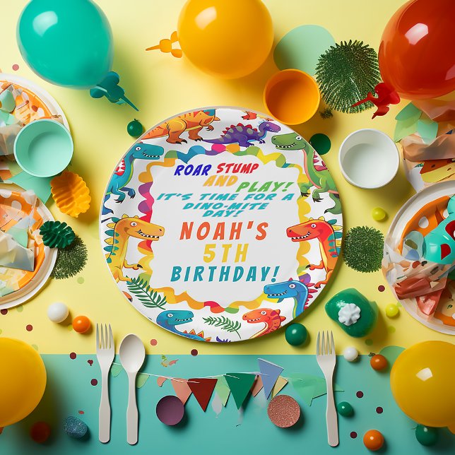 Fun Colourful Dinosaur Themed Dino-Mite  Paper Plate (Dinosaur party plates)