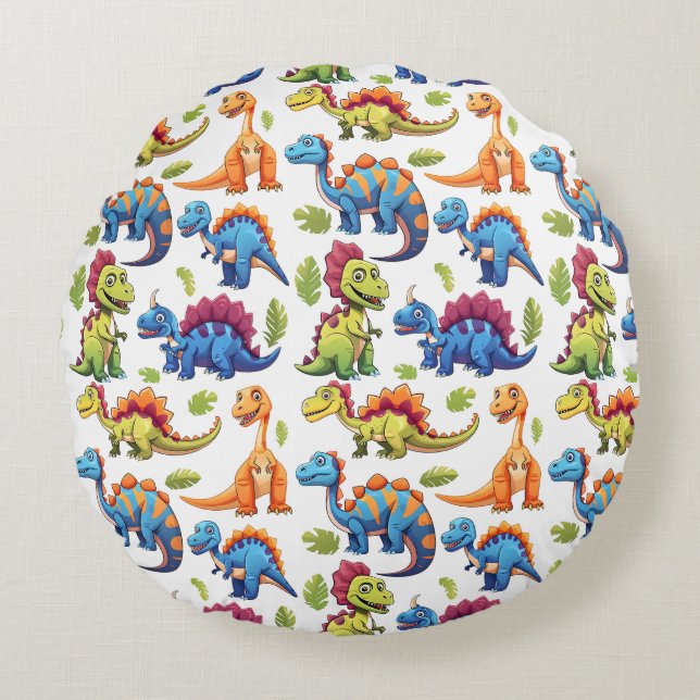 Fun Colourful Dinosaur Themed Dino-Mite  Round Cushion (Front)
