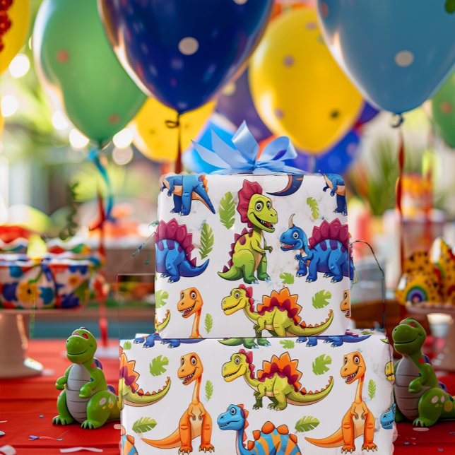 Fun Colourful Dinosaur Themed Dino-Mite  Wrapping Paper (Festive Dinosaur Gift Wrap)