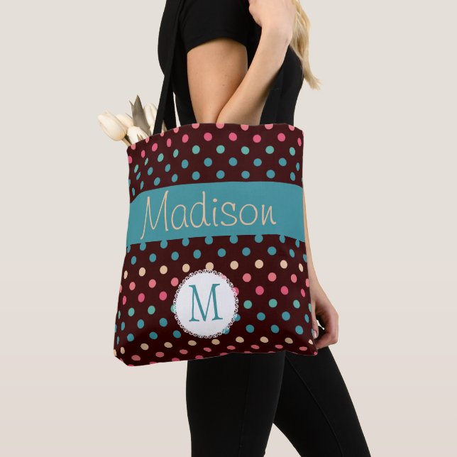 Fun Colourful Dots Trendy Initial Monogram Tote Bag (Close Up)