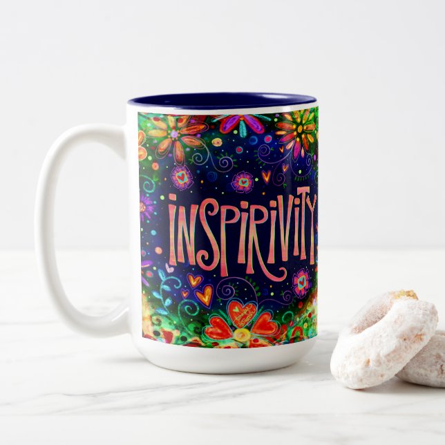 Fun Colourful Floral Inspirivity Two-Tone Coffee Mug (With Donut)