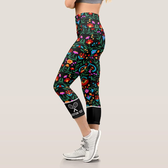 Fun Colourful Floral Print Custom Tennis Logo Capri Leggings (Left)