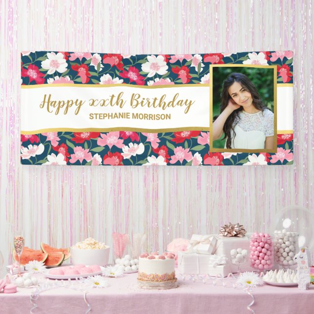 Fun Colourful Flowers, Any Age, Your Photo Birthda Banner (Party)