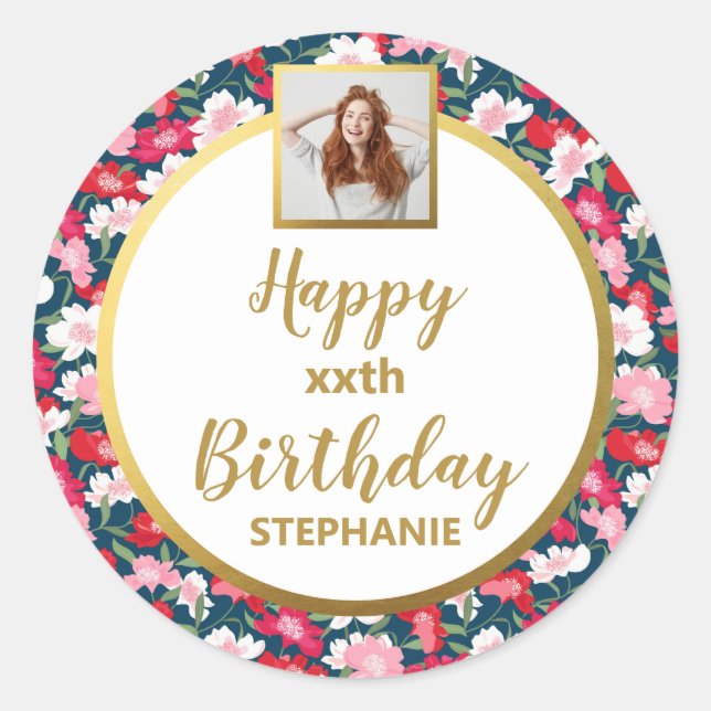 Fun Colourful Flowers, Custom Photo, Happy Birthda Classic Round Sticker (Front)