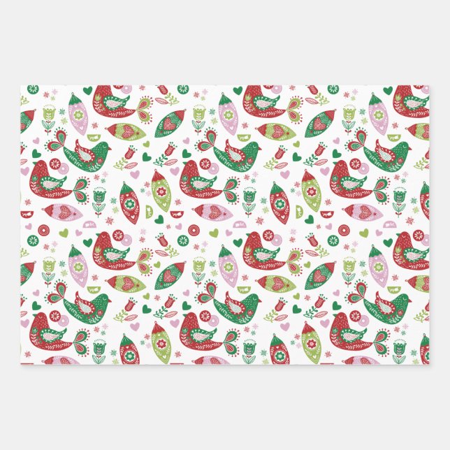 Fun Colourful Folk Art Partridges Christmas  Wrapping Paper Sheet (Front)