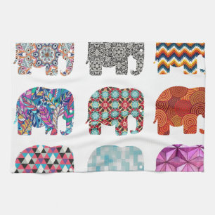 fun colourful funky elephant design tea towel