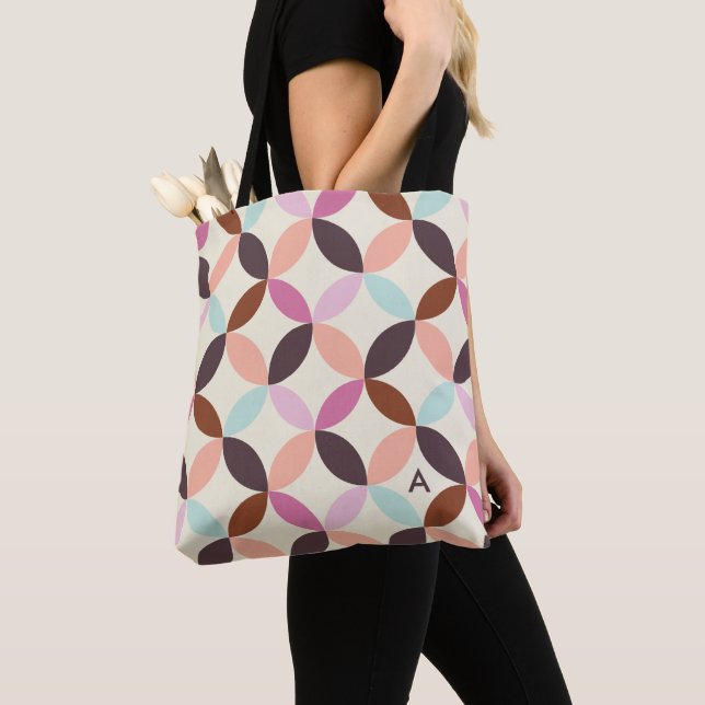 Fun Colourful Geometric Pattern Monogrammed Tote Bag (Close Up)