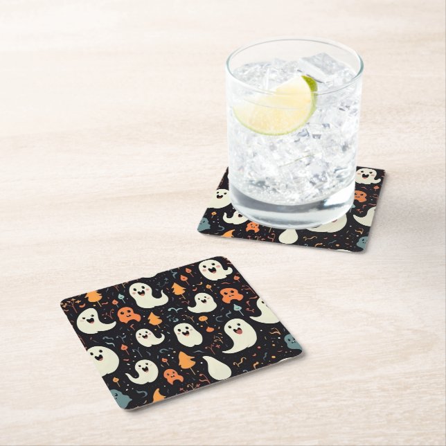 Fun Colourful Ghosts Halloween Square Paper Coaster (Insitu)