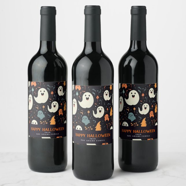 Fun Colourful Ghosts Personalised Happy Halloween Wine Label (Bottles)