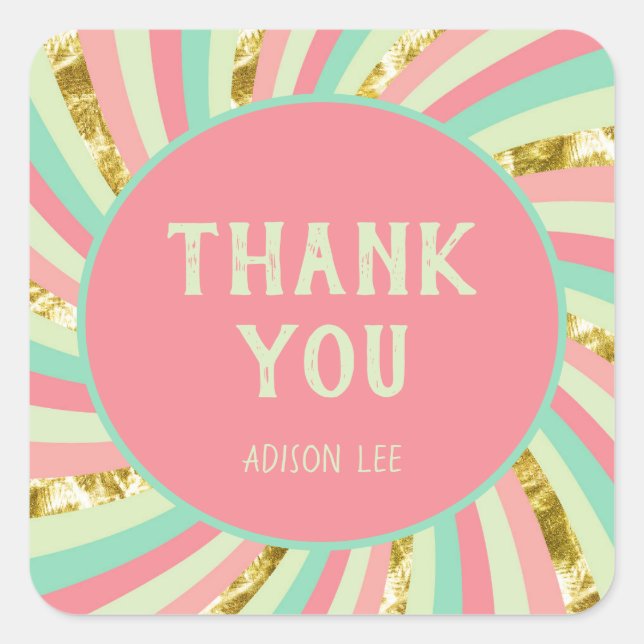 Fun Colourful Gold Pink Small Business Thank You  Square Sticker (Front)