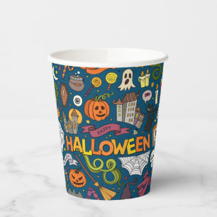 Fun Colourful Halloween Theme on Blue Paper Cups