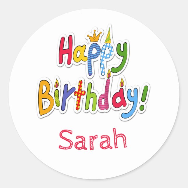 Fun & Colourful Happy Birthday Text – Personalised Classic Round Sticker (Front)
