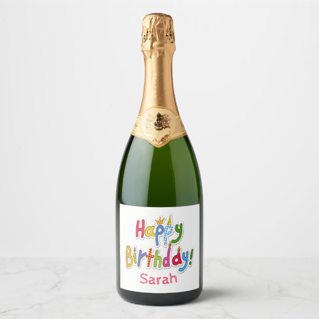 Fun & Colourful Happy Birthday Text – Personalised Sparkling Wine Label (Front)