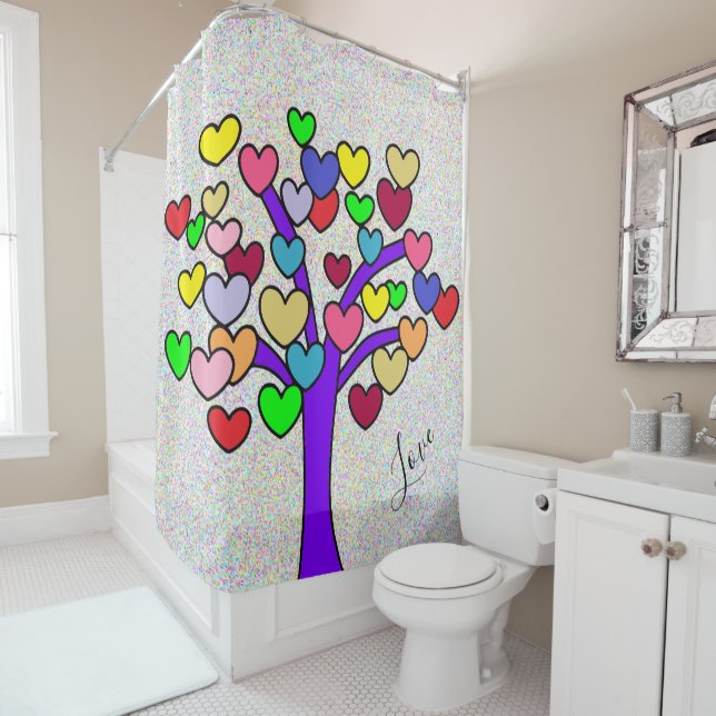 Fun Colourful Hearts Purple Love Tree Shower Curtain (In Situ)