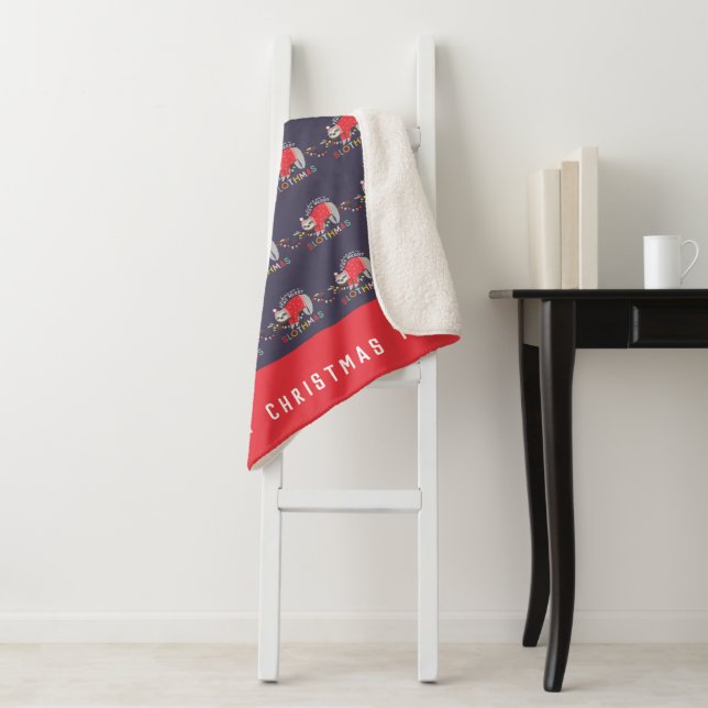 Fun colourful holiday modern sloth christmas sherpa blanket (In Situ)