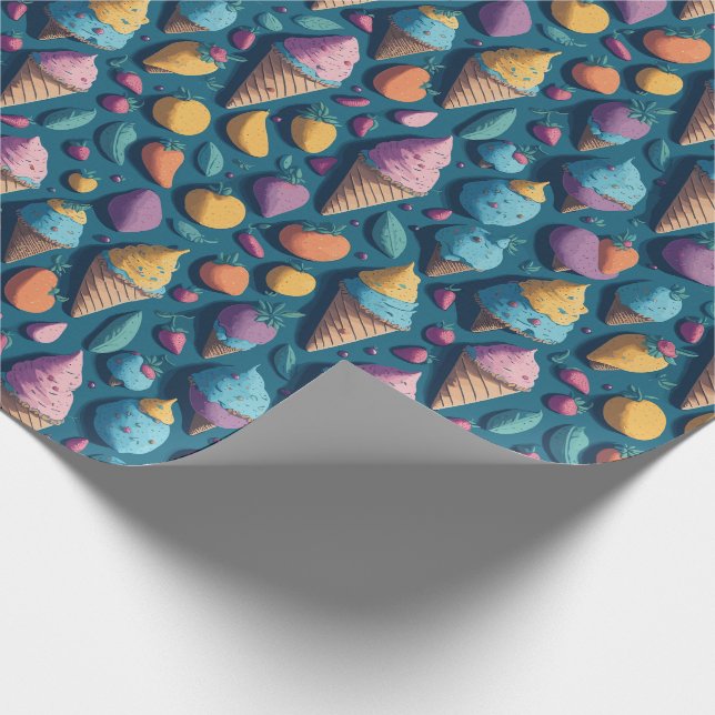 Fun Colourful Ice Cream Cones Blue Summer Pattern Wrapping Paper (Corner)