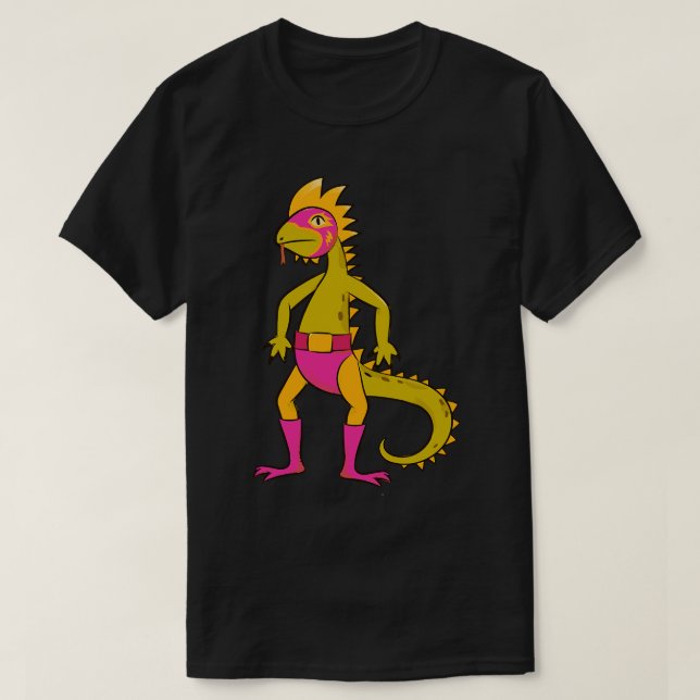 Fun Colourful Iguana Luchador Wrestler Sketch Draw T-Shirt (Design Front)