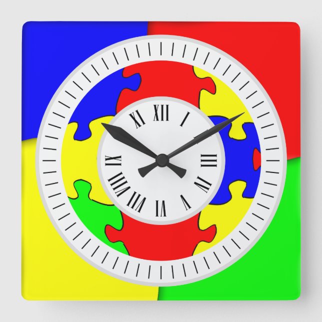 Fun Colourful Jigsaw Puzzle Roman Hours and Minute Square Wall Clock (Front)