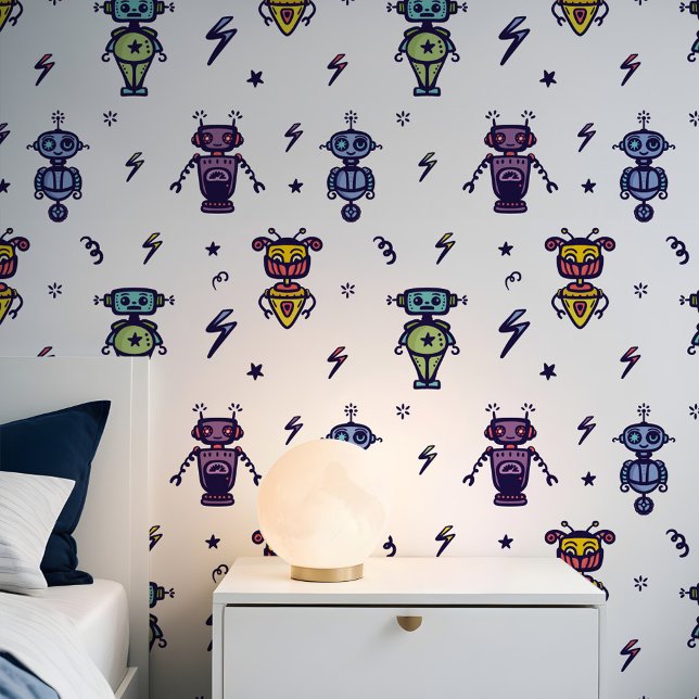 Fun Colourful Kids Robotic Robots Space Pattern Wallpaper (Fun Colorful Kids Robotic Robots Space Pattern Wallpaper)