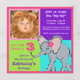 Fun Colourful Little Girl Elephant Photo Invitatio Invitation