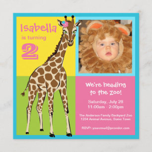 Fun Colourful Little Girl Giraffe Photo Invitation