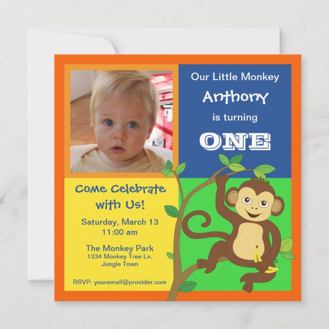 Fun Colourful Little Monkey Photo Invitation (Front)