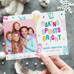 Fun Colourful Making Spirits Bright Photo Christma Holiday Card<br><div class="desc">Brighten up someones Christmas with this fun modern photo holiday card! Design features a photograph of your choice,  colourful lettering that reads 'Making Spirits Bright',  framed with hand drawn cocktails and stars. Simply customise the season greeting,  name and year.</div>